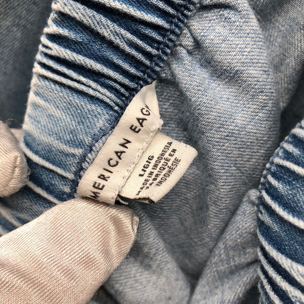 American Eagle Tiered Ruffle Mini Skirt Womens L Light Wash Blue Denim Pull On - Picture 6 of 7
